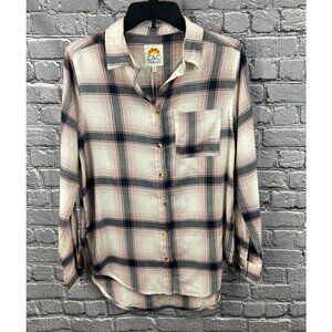 C&C California Kyle Plaid Tunic Top Flannel Shirt Size S Pink Black Plaid
